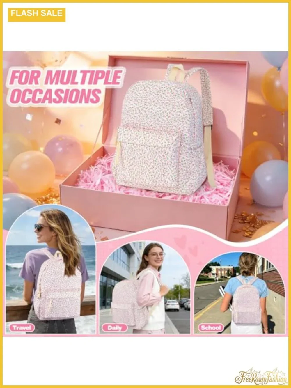 Waterproof Nylon Floral Backpack Women Teen Girl School Bag Tablet Compartment